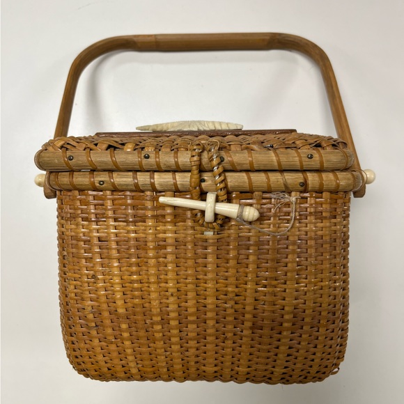 Vintage Nantucket Woven Basket Handbag w Seagull Bird Square Wooden Decor - Picture 2 of 10